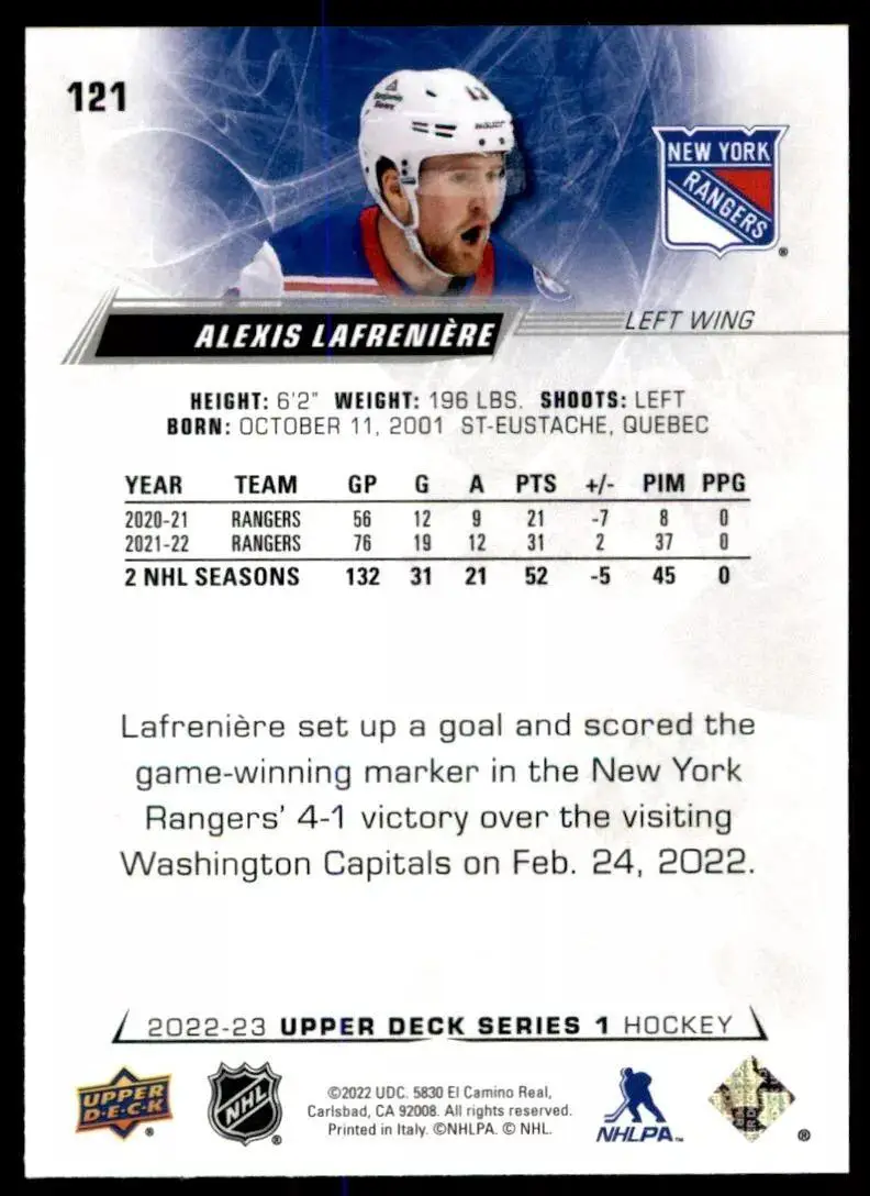 2022-23 Upper Deck #121 Alexis Lafreniere 1