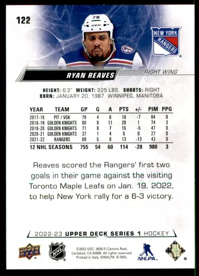 2022-23 Upper Deck #122 Ryan Reaves 1