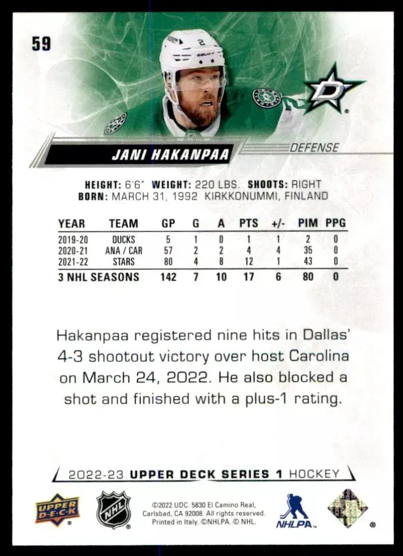 2022-23 Upper Deck #59 Jani Hakanpaa 1