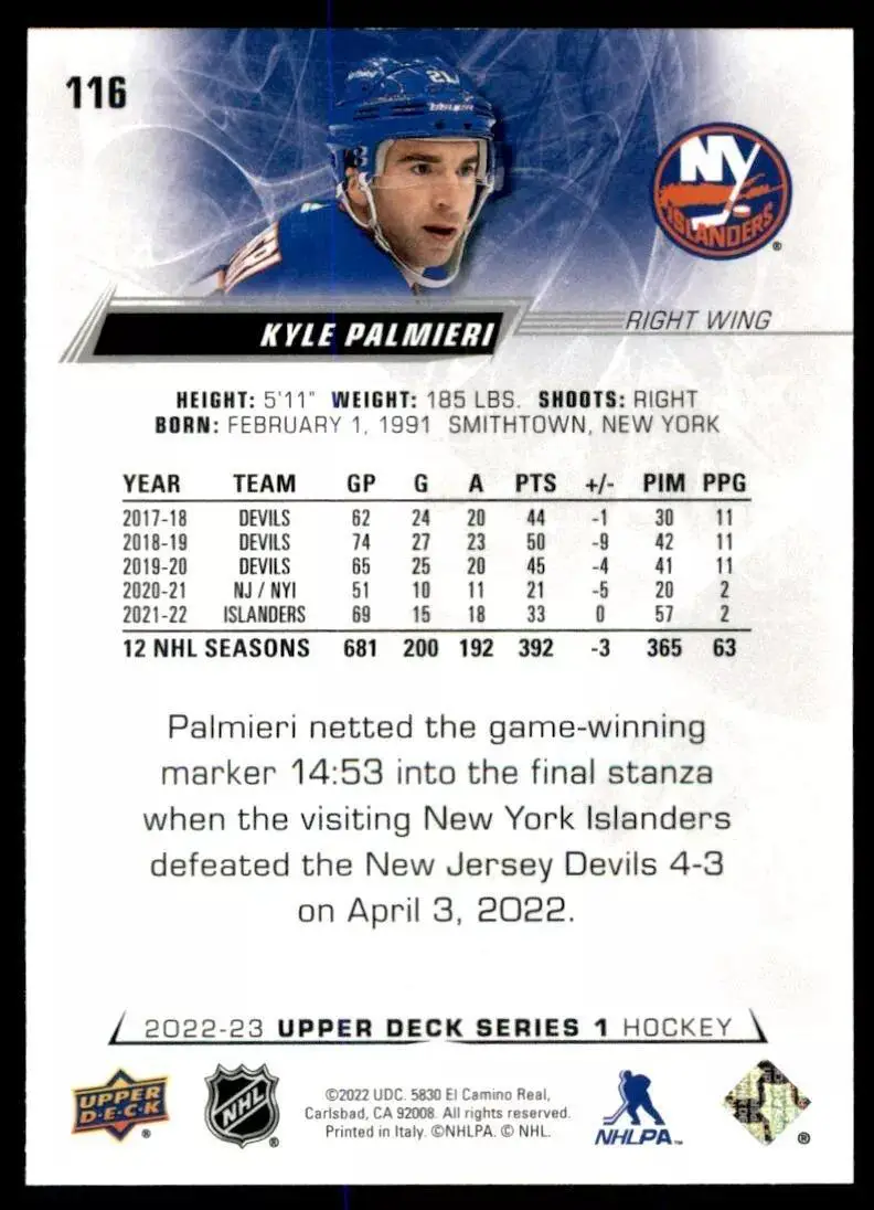 2022-23 Upper Deck #116 Kyle Palmieri 1