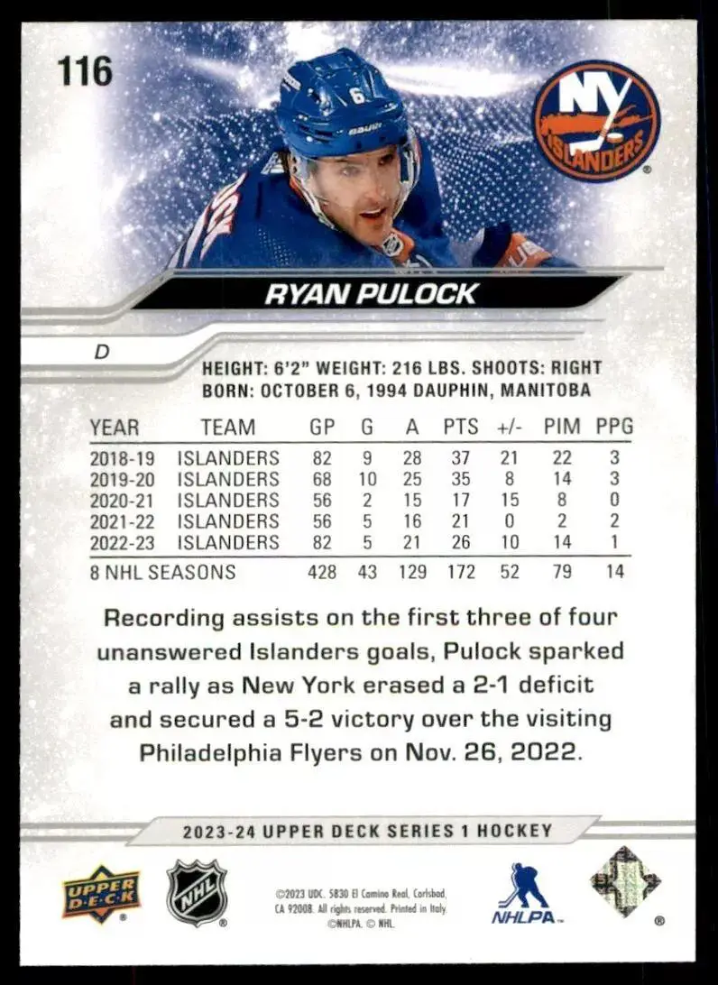 2023-24 Upper Deck #116 Ryan Pulock 1