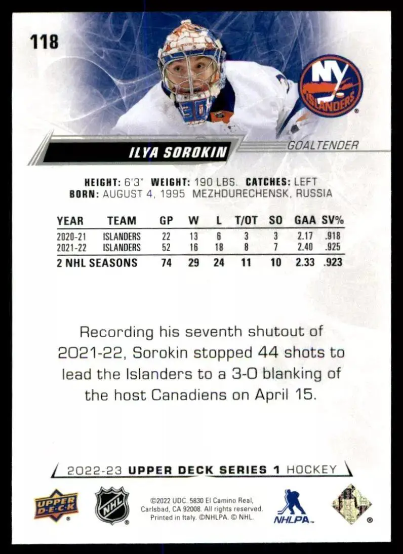 2022-23 Upper Deck #118 Ilya Sorokin 1