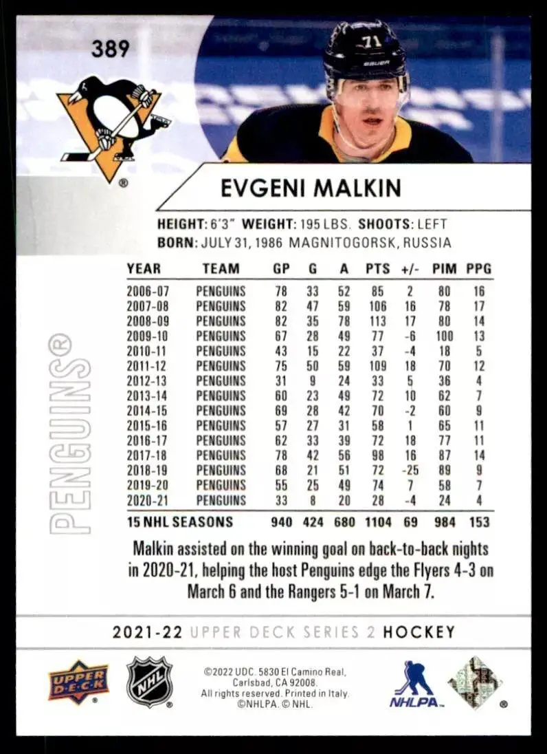 2021-22 Upper Deck #389 Evgeni Malkin 1