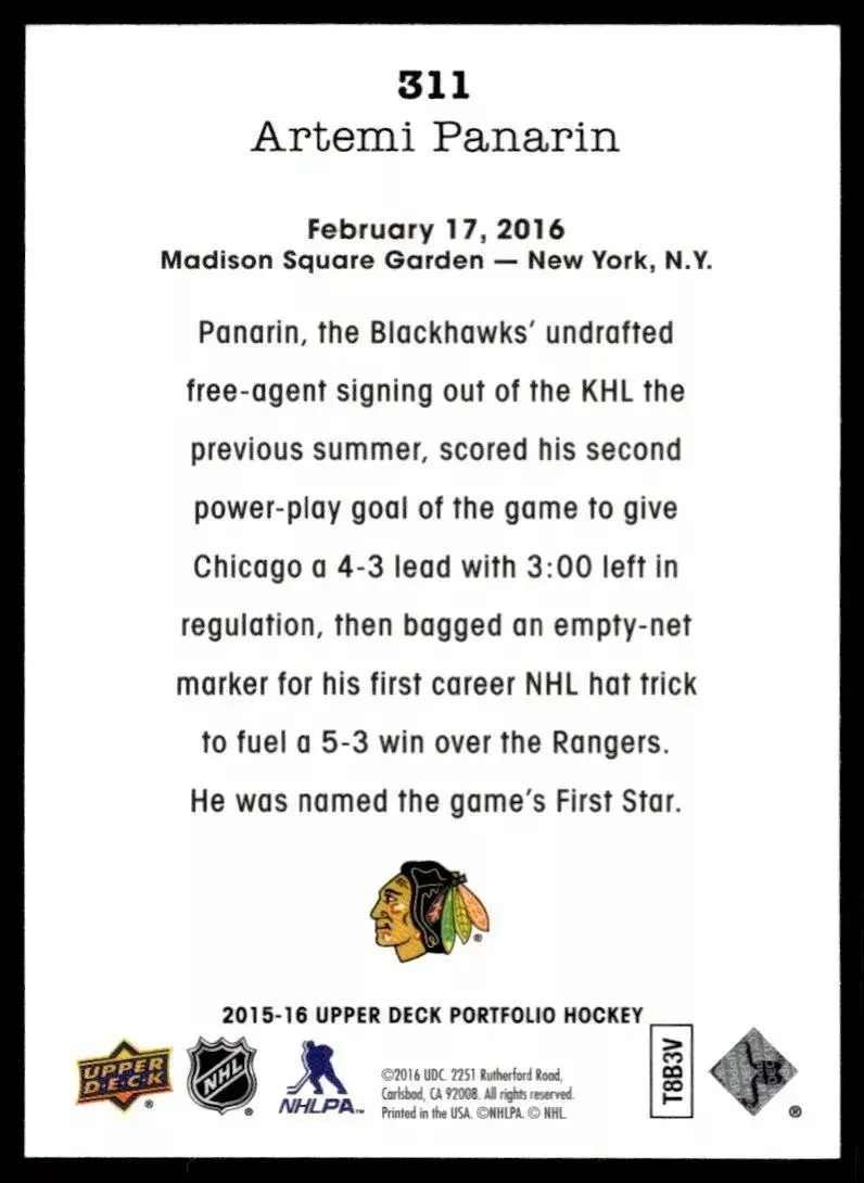 2015-16 Upper Deck Portfolio #311 Artemi Panarin 1