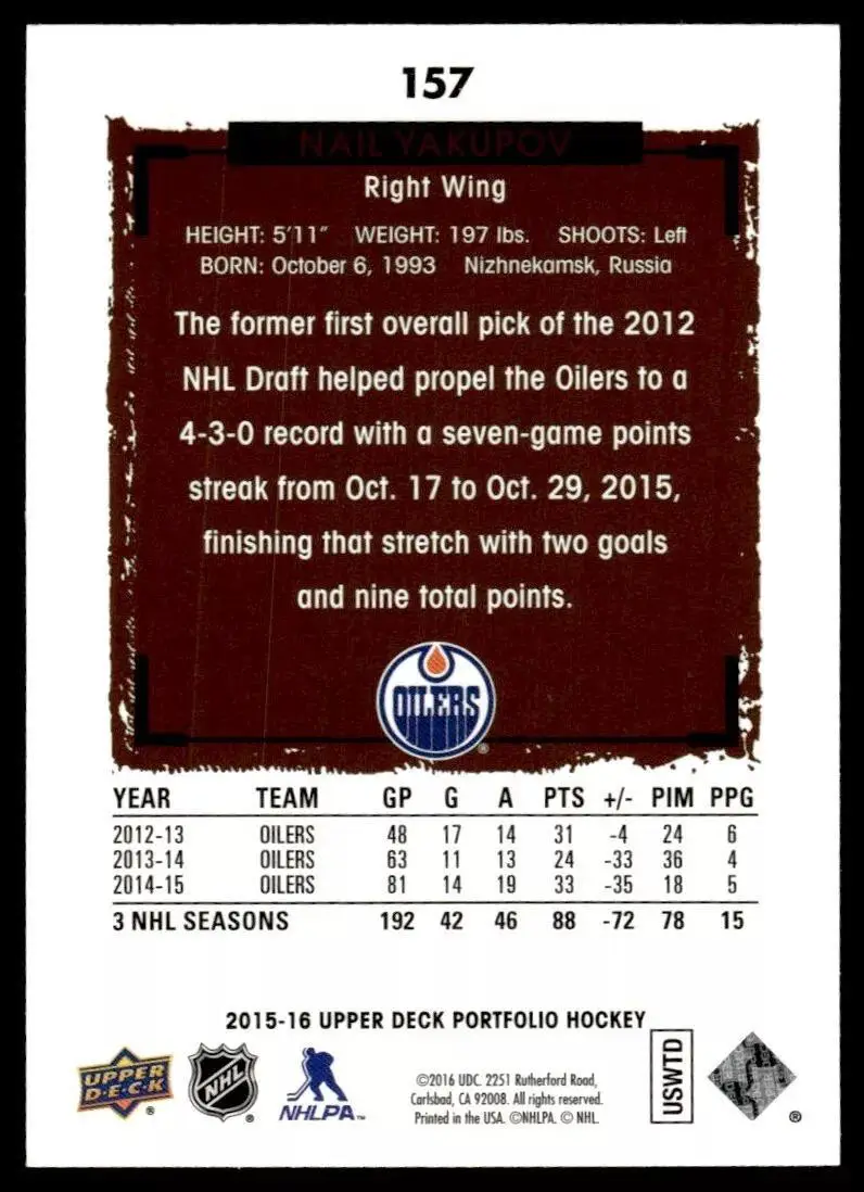 2015-16 Upper Deck Portfolio #157 Nail Yakupov 1
