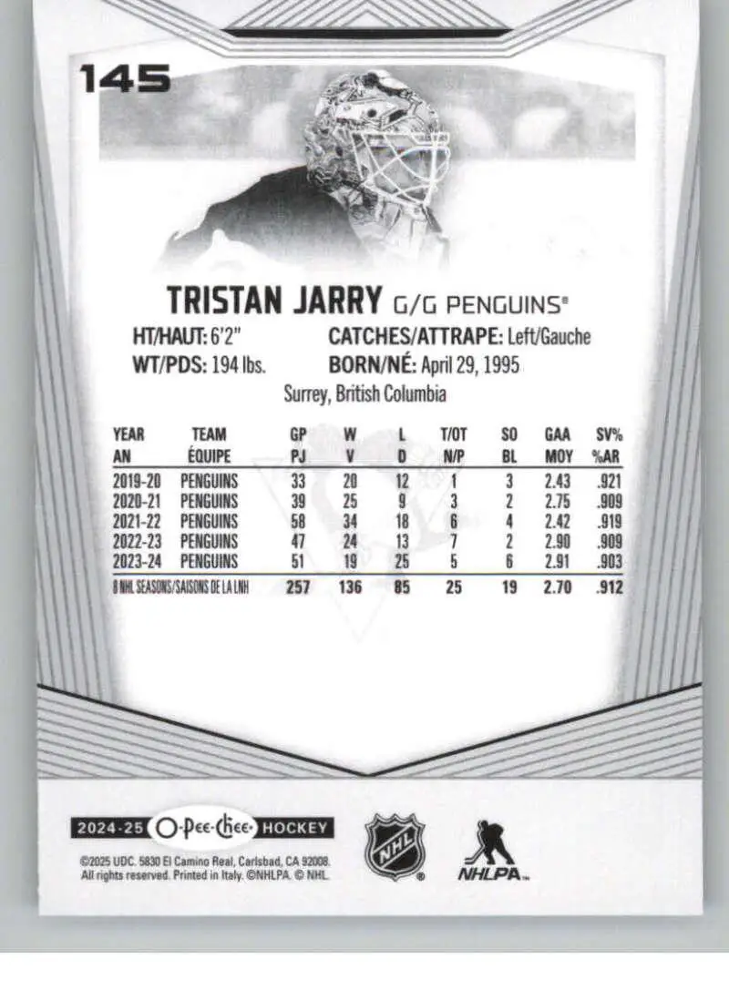 2024-25 O-Pee-Chee #145 Tristan Jarry 1