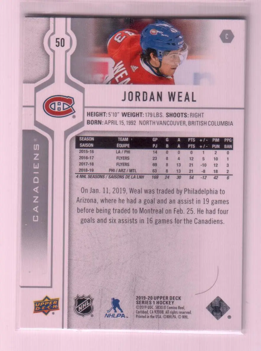 2019-20 Upper Deck #50 Jordan Weal 1