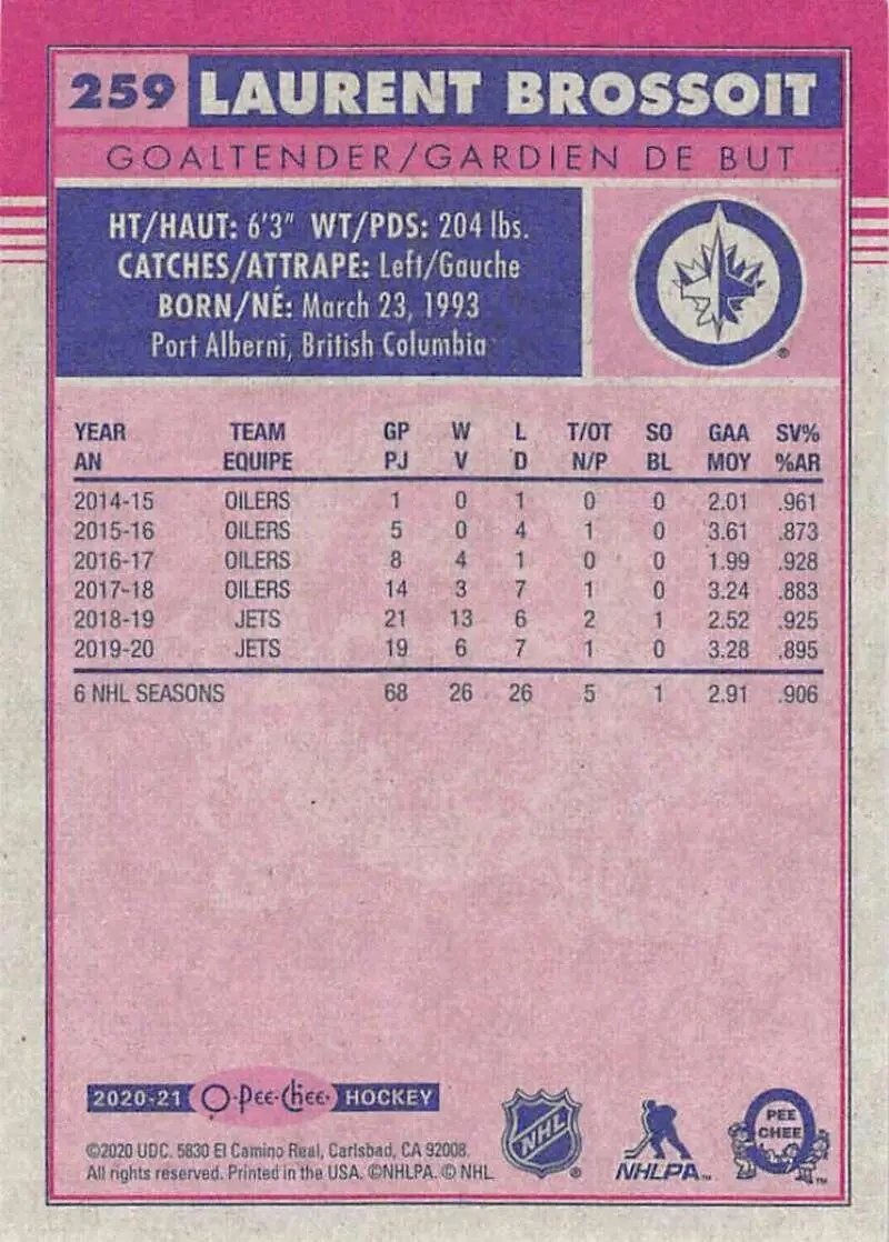 2020-21 O-Pee-Chee Retro #259 Laurent Brossoit 1