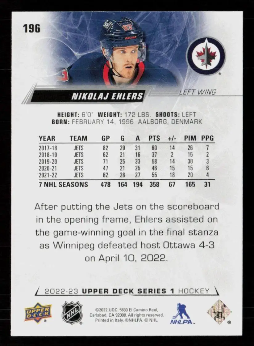 2022-23 Upper Deck #196 Nikolaj Ehlers 1