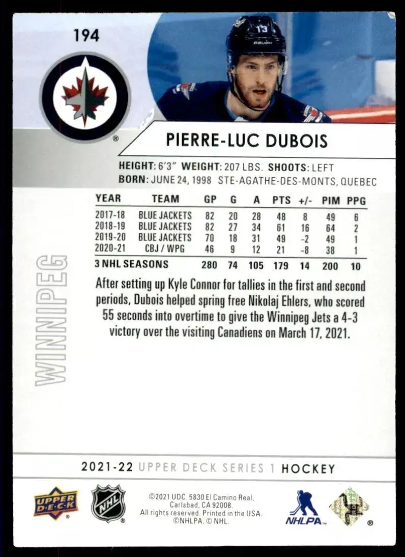 2021-22 Upper Deck #194 Pierre-Luc Dubois 1