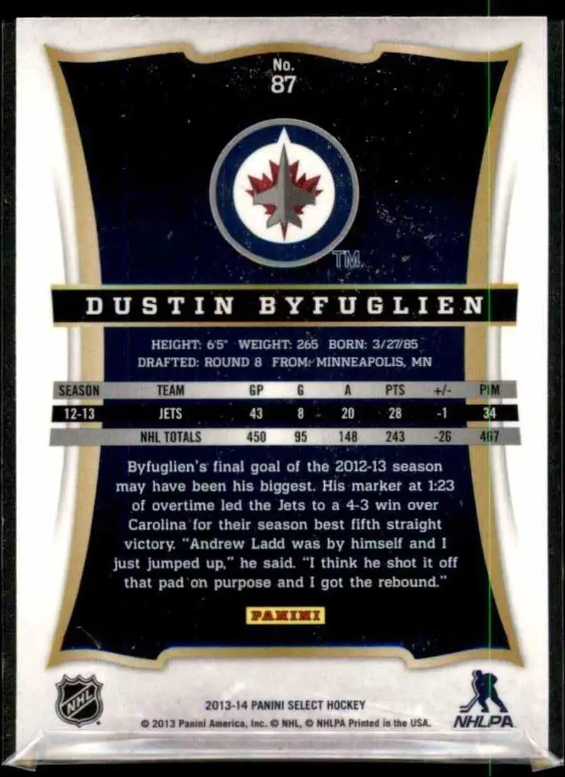 2013-14 Select Prizms #87 Dustin Byfuglien 1