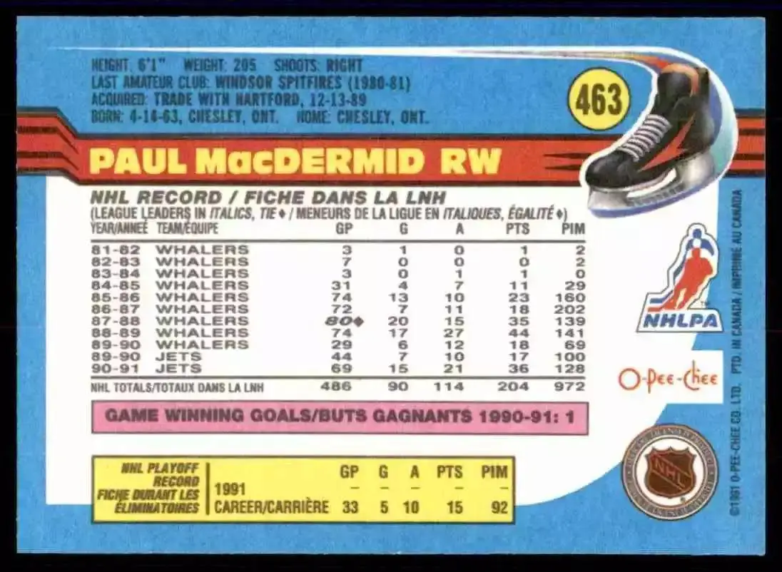 1991-92 O-Pee-Chee #463 Paul MacDermid 1