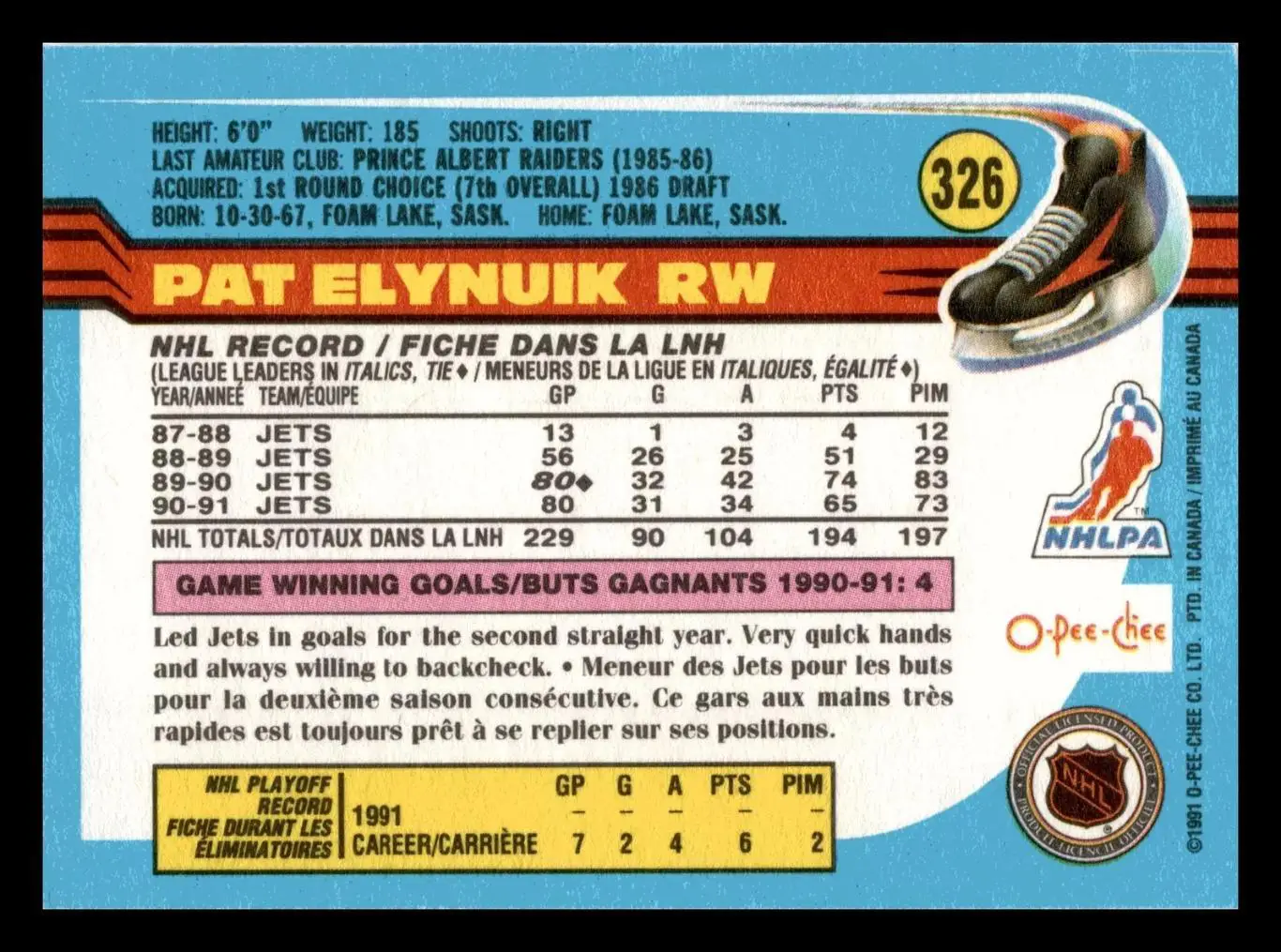 1991-92 O-Pee-Chee #326 Pat Elynuik 1