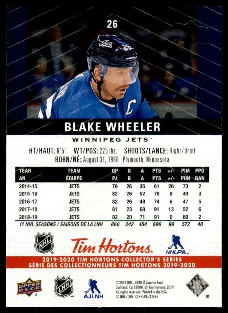 2019-20 Upper Deck Tim Hortons #26 Blake Wheeler 1