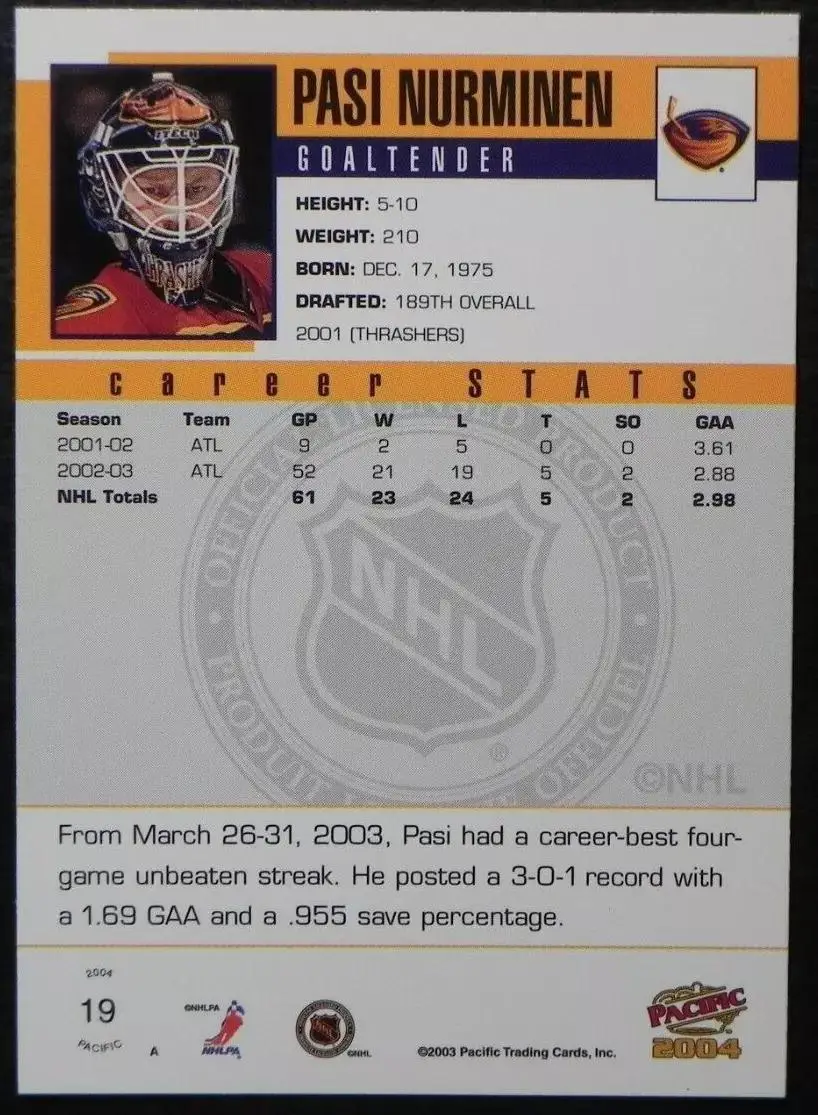 2003-04 Pacific #19 Pasi Nurminen 1