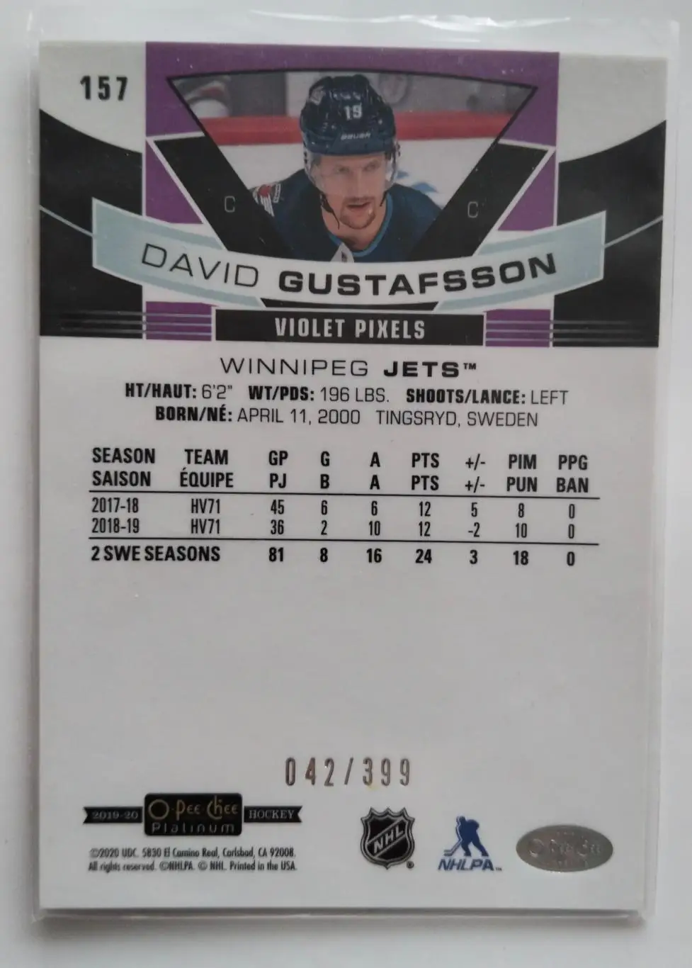 2019-20 O-Pee-Chee Platinum Violet Pixels #157 David Gustafsson 042/399 1
