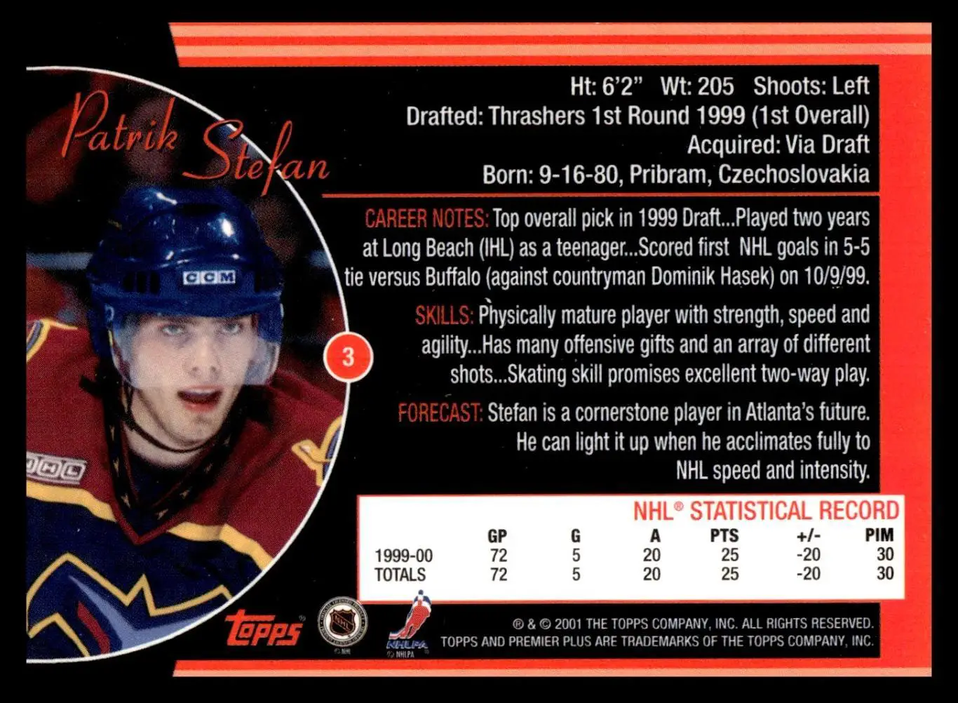 2000-01 Topps Premier Plus #3 Patrik Stefan 1