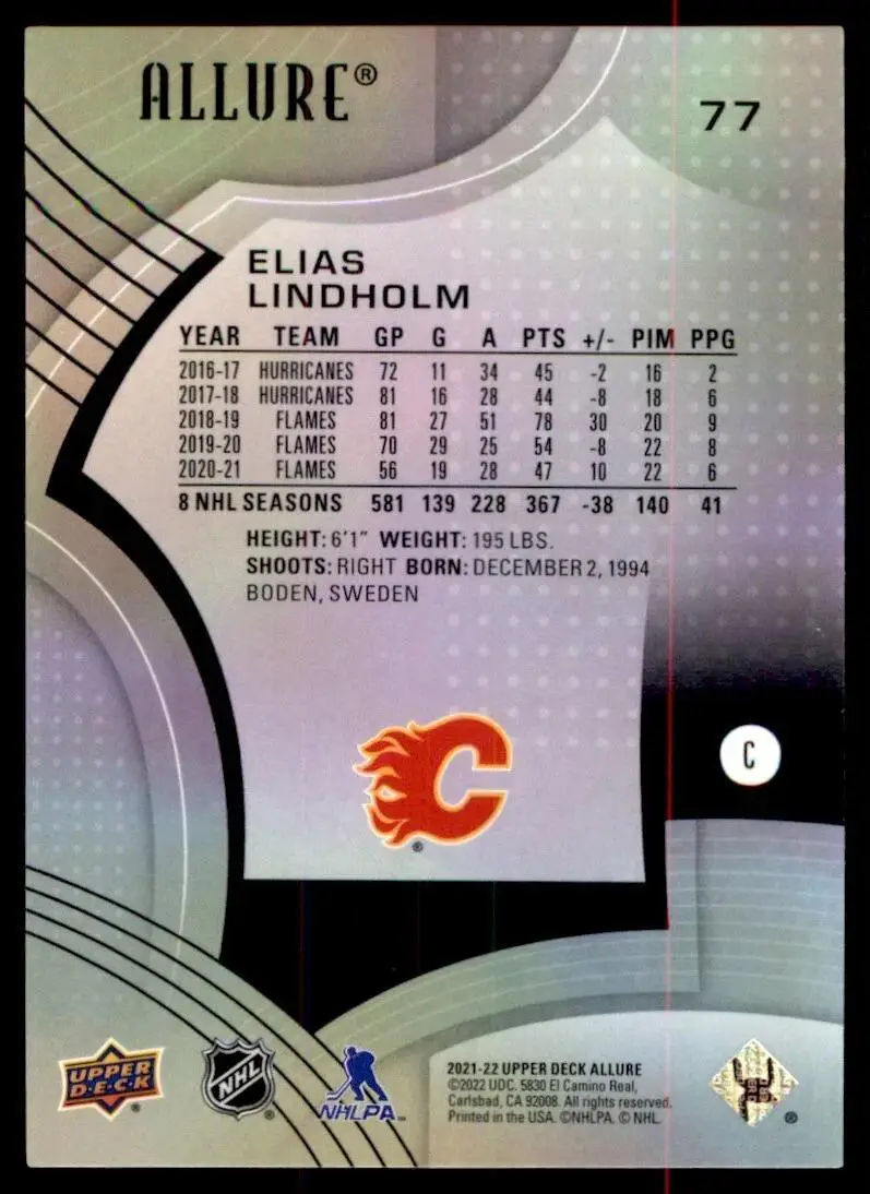 2021-22 Upper Deck Allure #77 Elias Lindholm 1