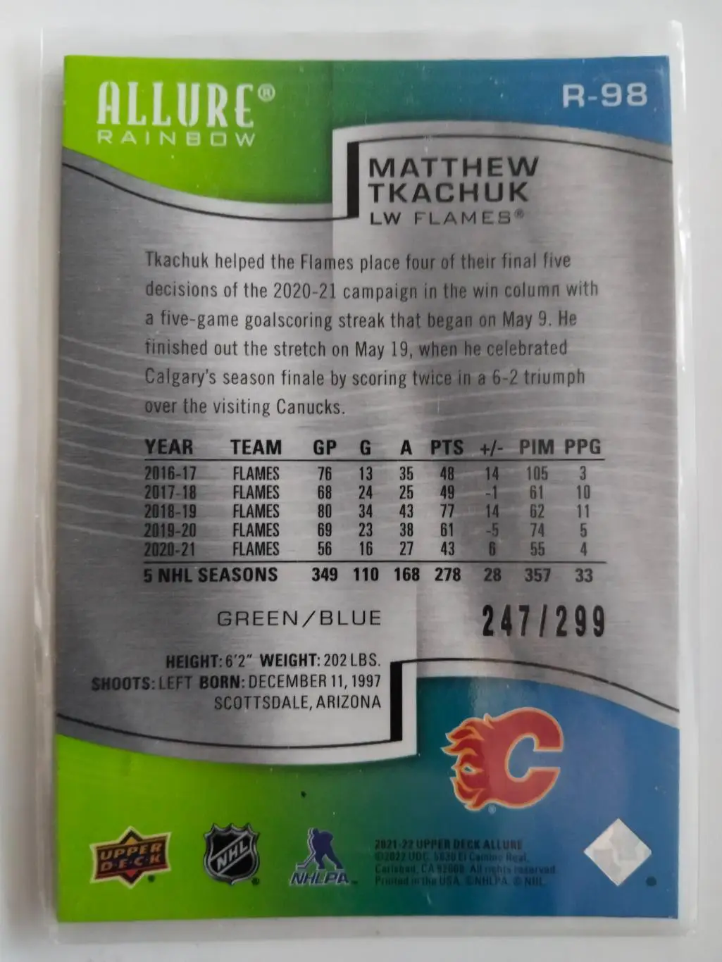 2021-22 Upper Deck Allure Rainbow Green Blue #R98 Matthew Tkachuk 247/299 1