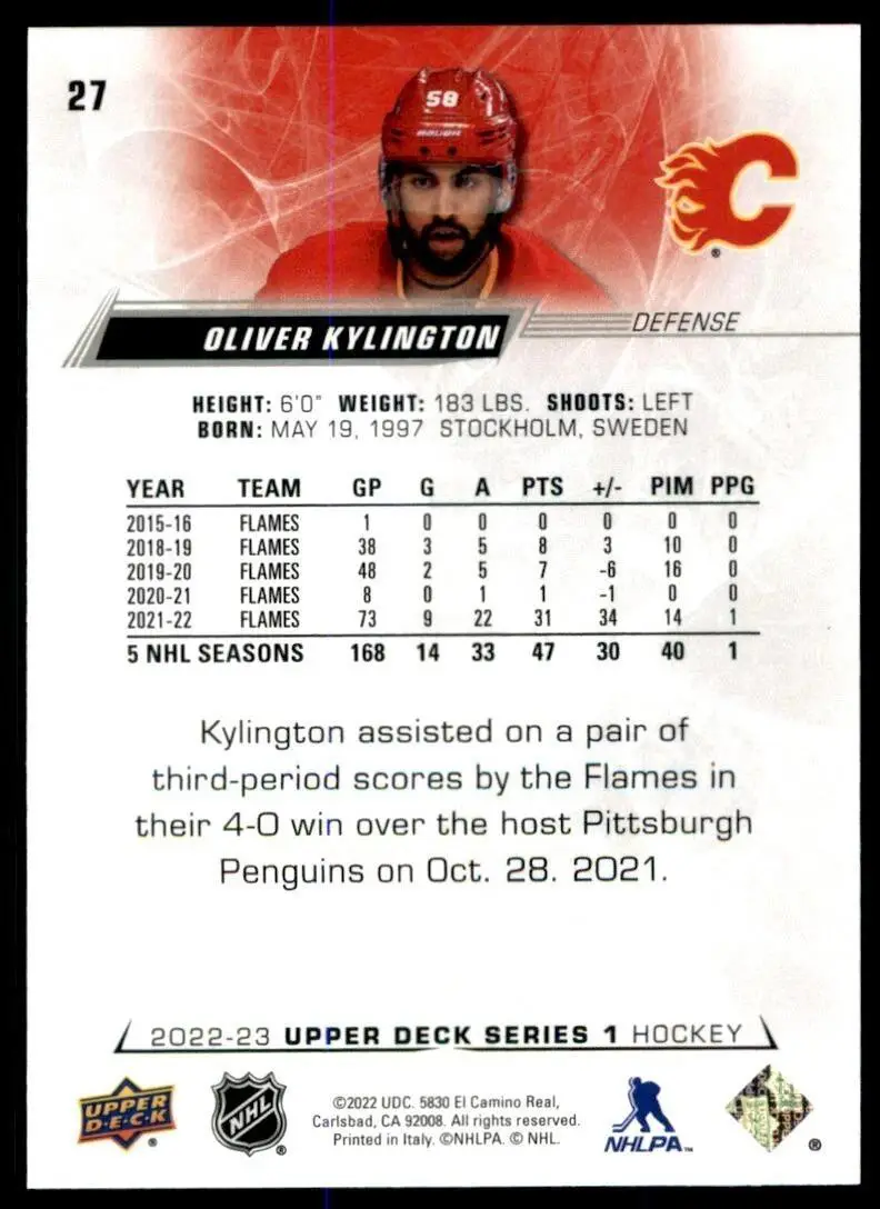 2022-23 Upper Deck #27 Oliver Kylington 1