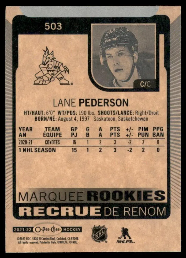 2021-22 O-Pee-Chee #503 Lane Pederson RC 1