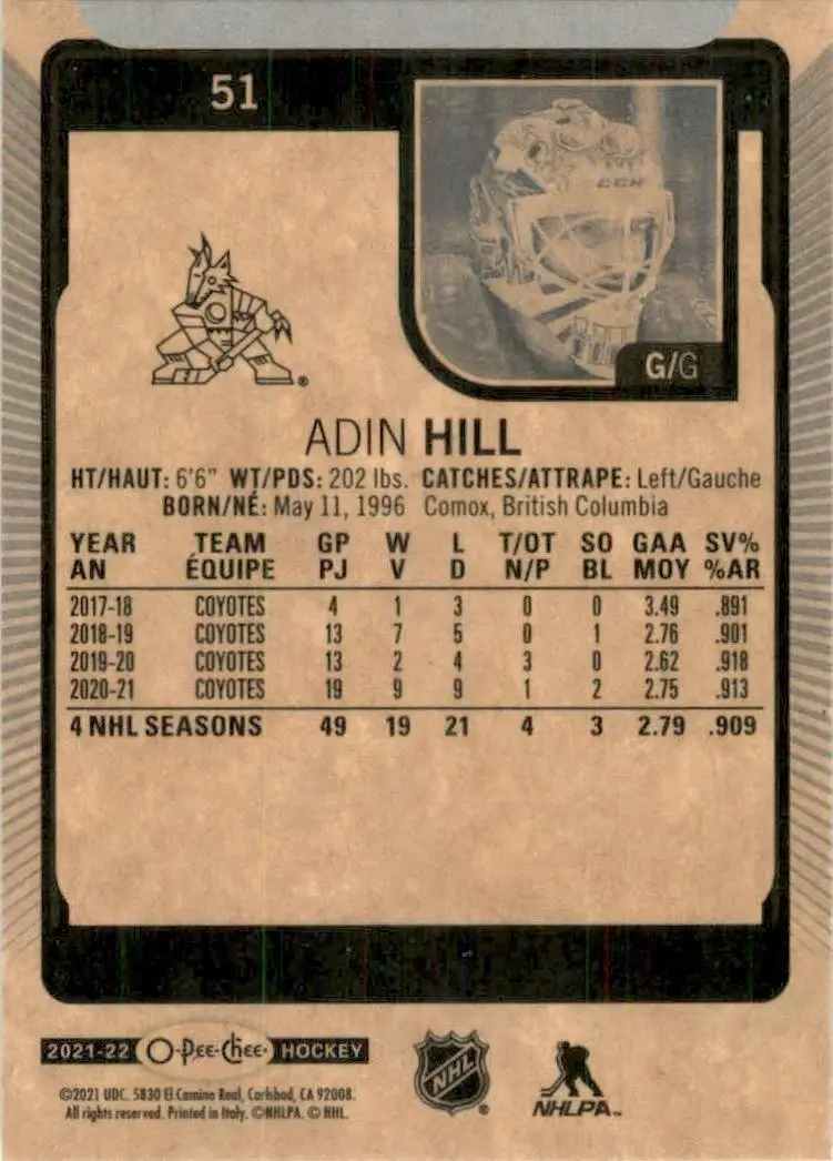 2021-22 O-Pee-Chee #51 Adin Hill 1