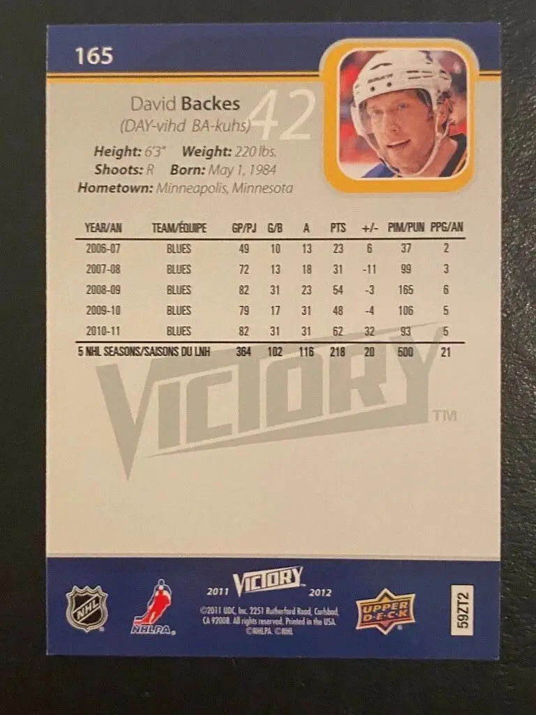 2011-12 Upper Deck Victory #165 David Backes 1