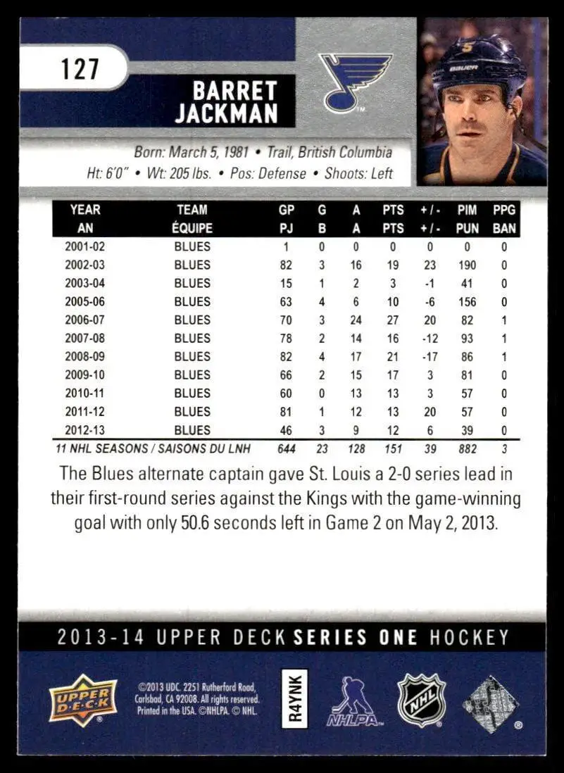 2013-14 Upper Deck #127 Barret Jackman 1