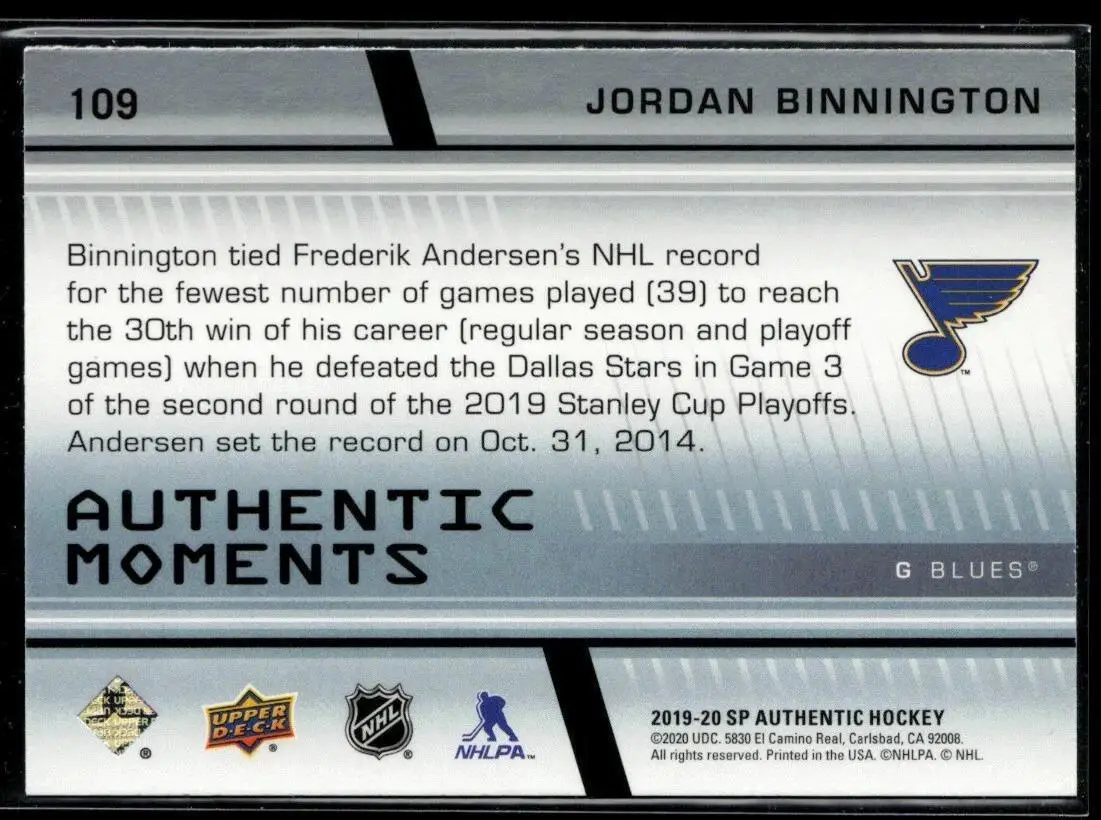2019-20 SP Authentic #109 Jordan Binnington AM 1