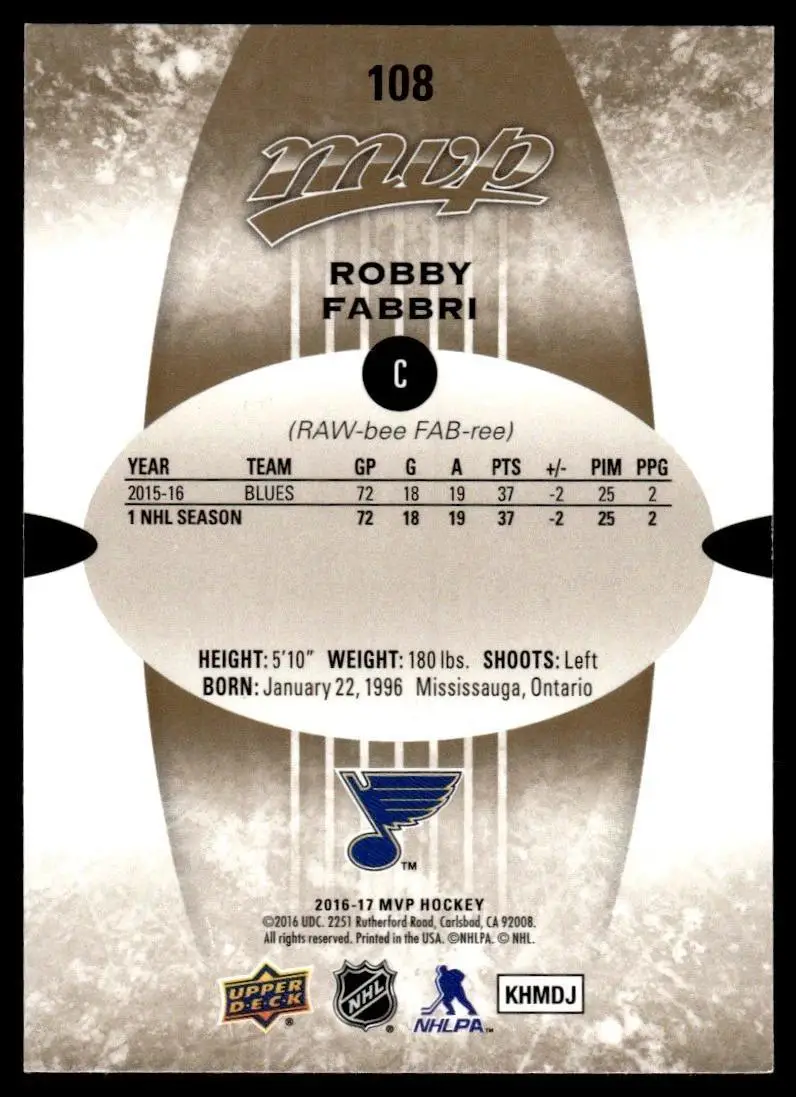 2016-17 Upper Deck MVP #108 Robby Fabbri 1
