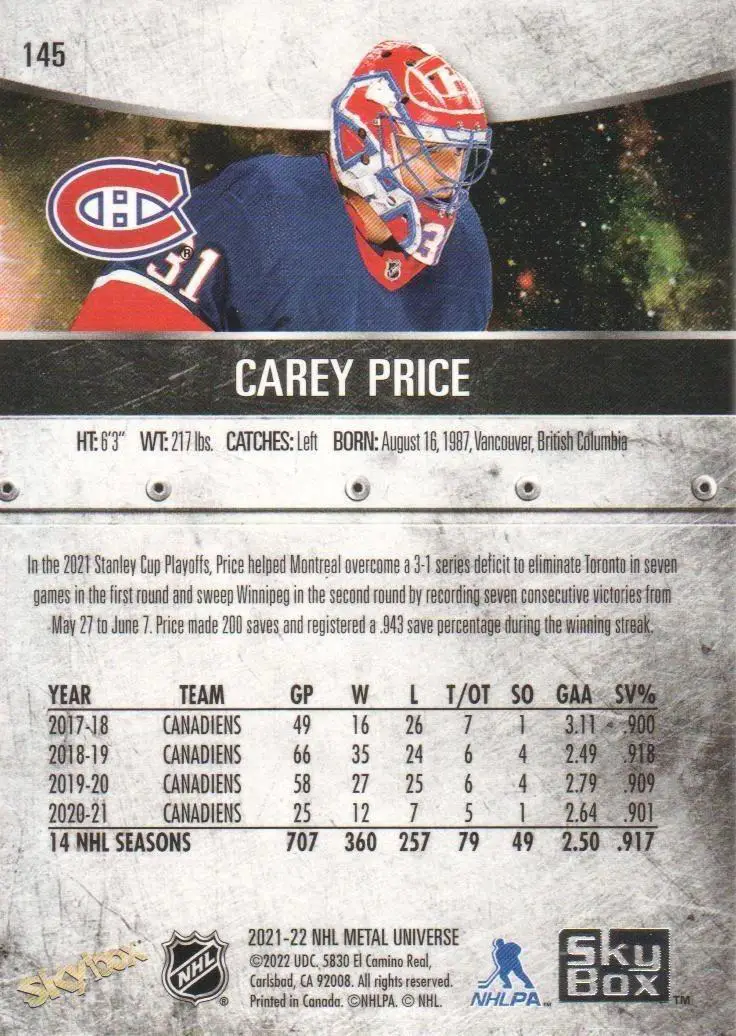 2021-22 Metal Universe #145 Carey Price AJ 1