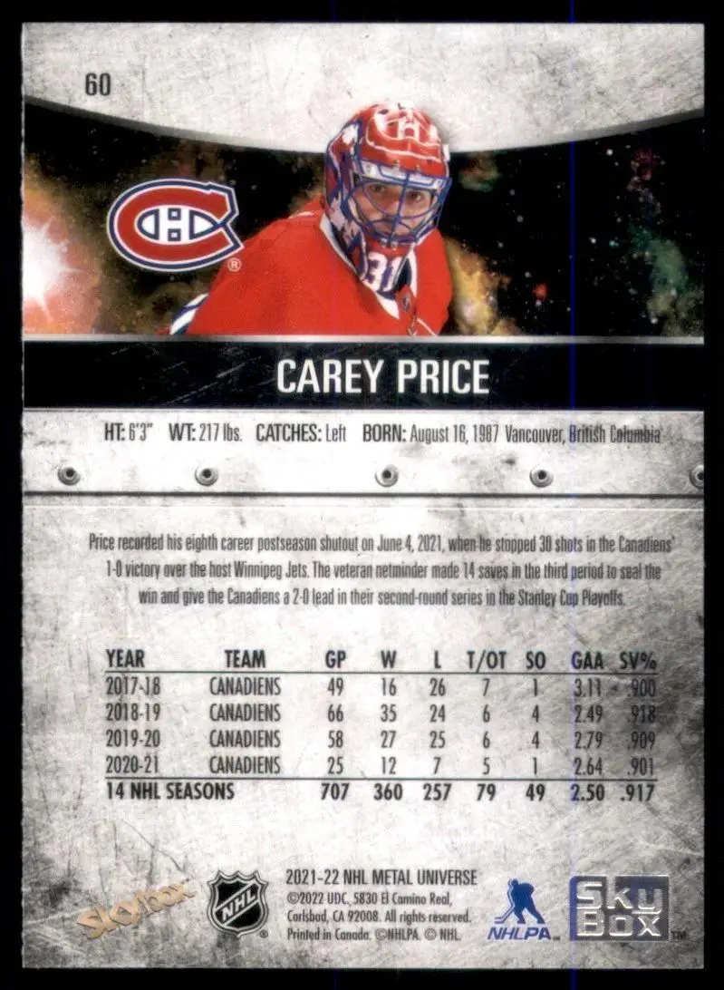 2021-22 Metal Universe #60 Carey Price 1