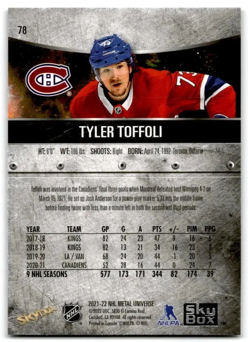 2021-22 Metal Universe #78 Tyler Toffoli 1
