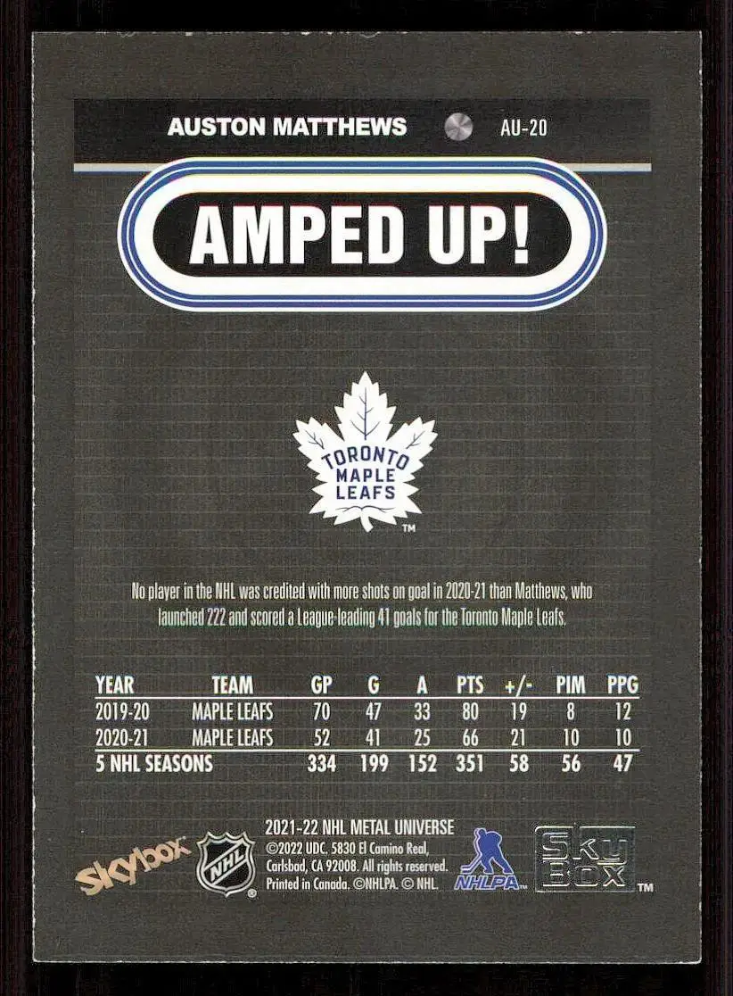 2021-22 Metal Universe Amped Up #AU20 Auston Matthews 1