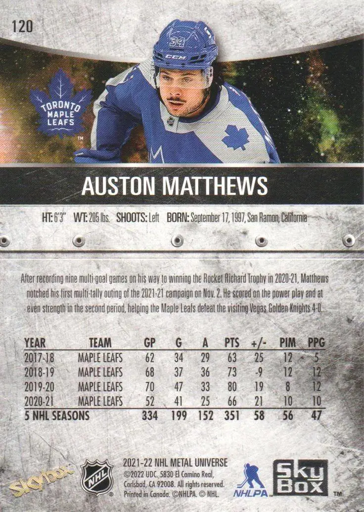 2021-22 Metal Universe #120 Auston Matthews AJ 1