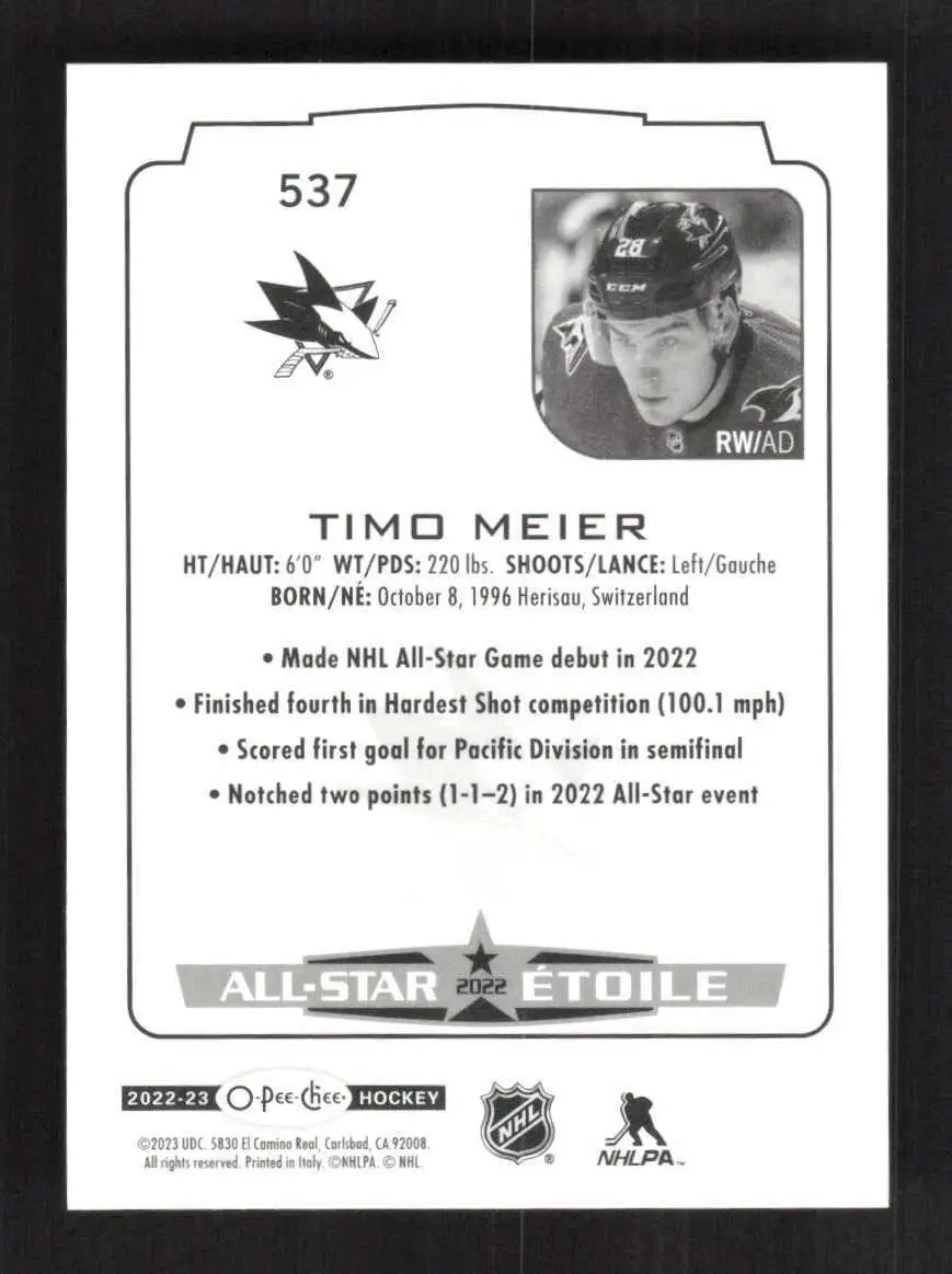 2022-23 O-Pee-Chee #537 Timo Meier AS 1