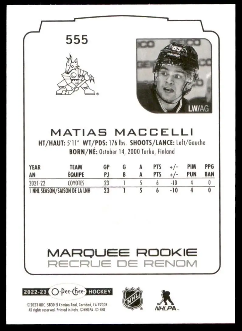 2022-23 O-Pee-Chee #555 Matias Maccelli RC 1