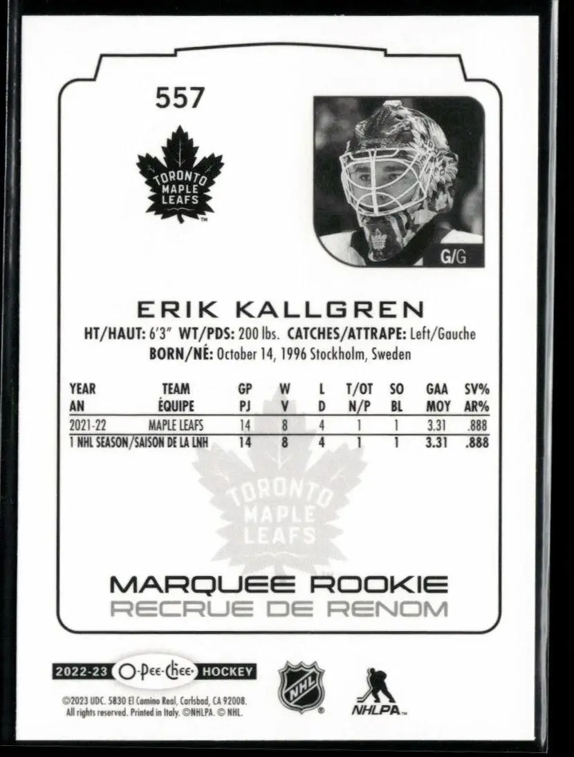 2022-23 O-Pee-Chee #557 Erik Kallgren RC 1