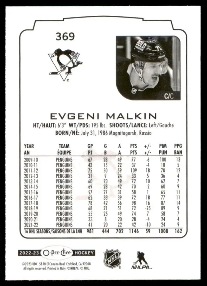 2022-23 O-Pee-Chee Blue #369 Evgeni Malkin 1