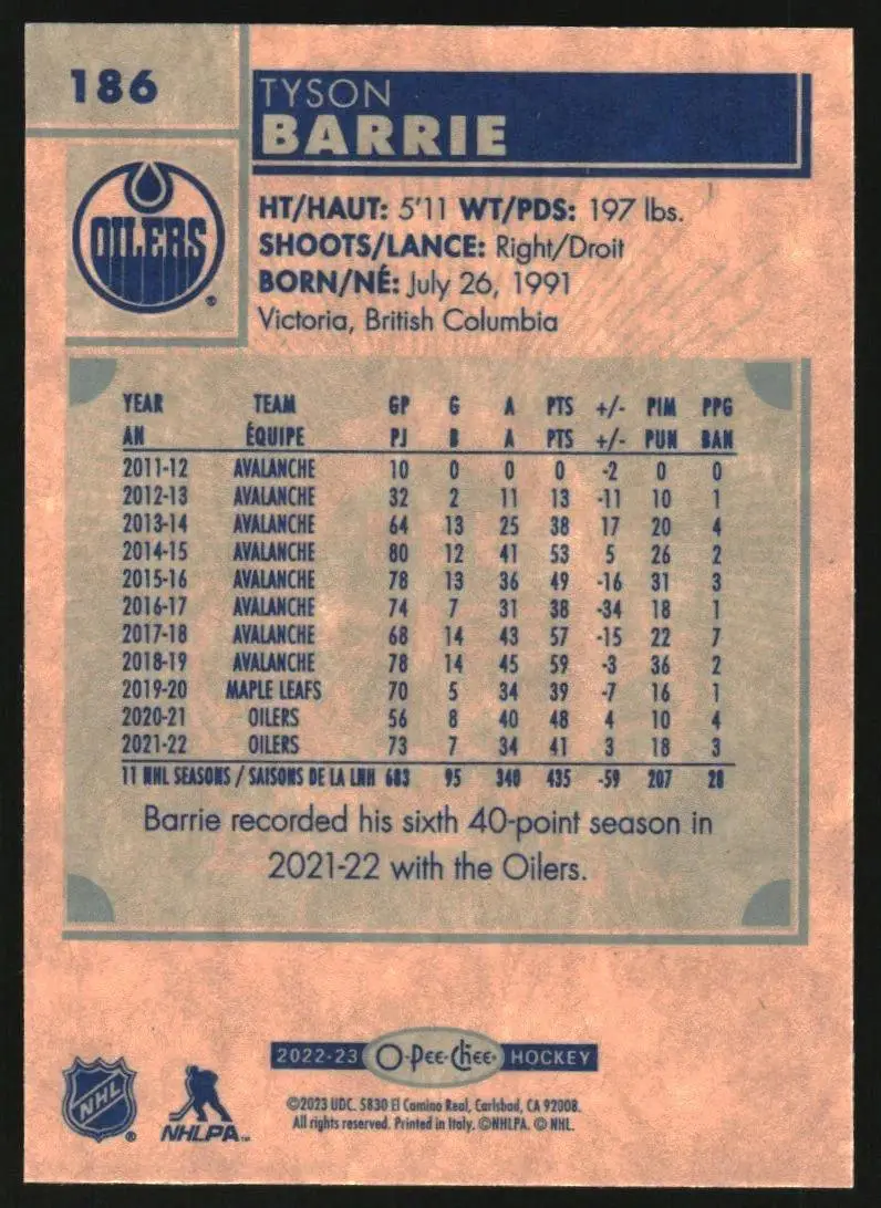 2022-23 O-Pee-Chee Retro #186 Tyson Barrie 1