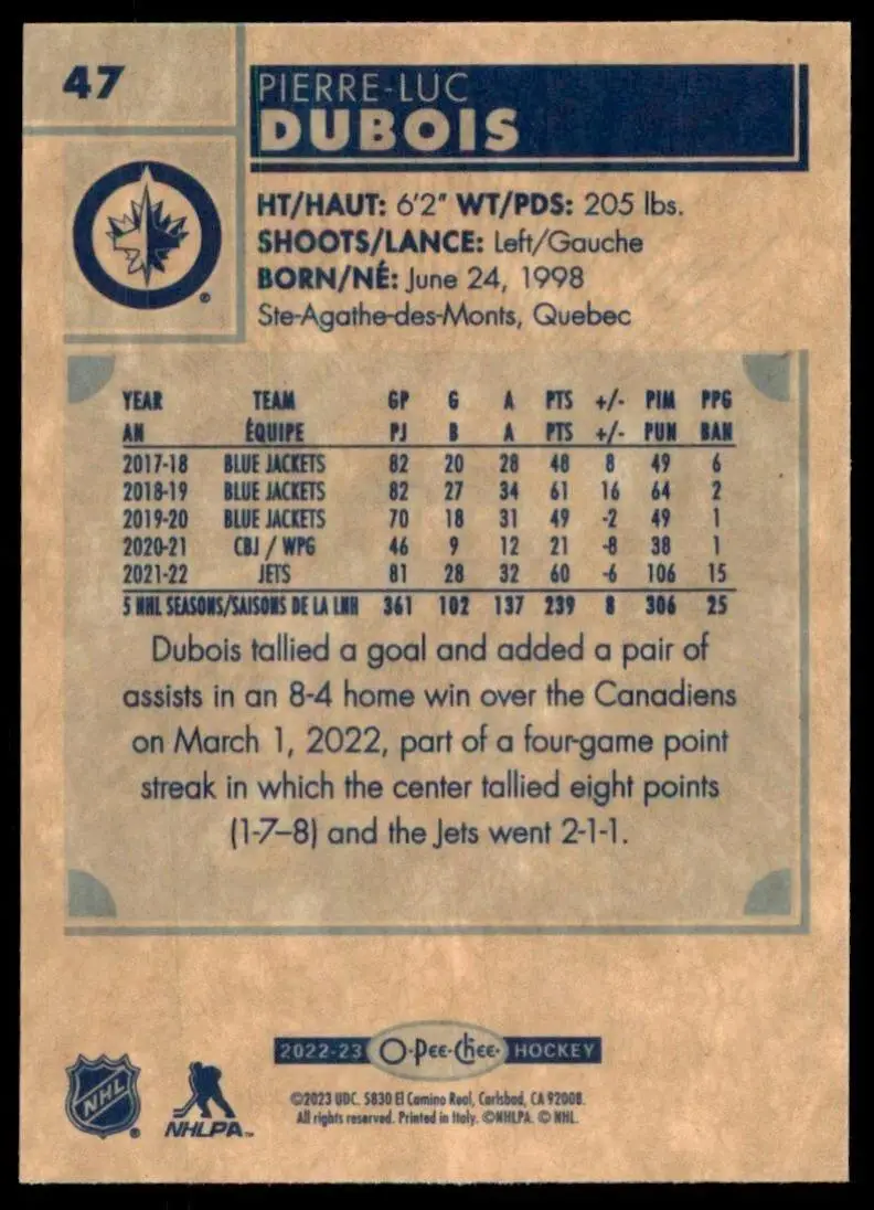 2022-23 O-Pee-Chee Retro #47 Pierre-Luc Dubois 1