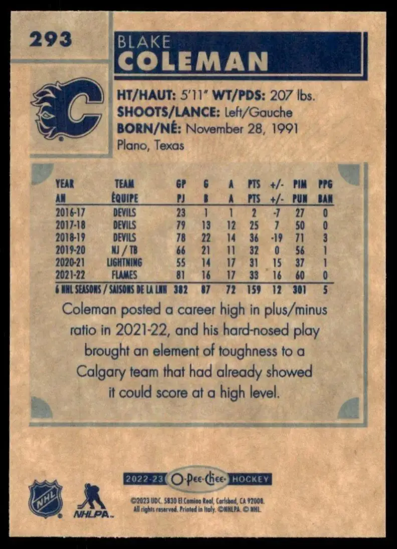 2022-23 O-Pee-Chee Retro #293 Blake Coleman 1