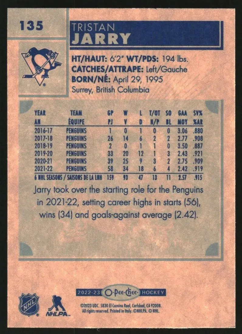2022-23 O-Pee-Chee Retro #135 Tristan Jarry 1