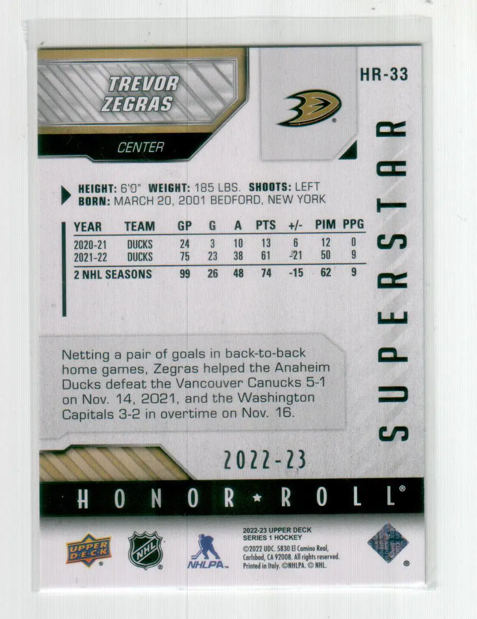 2022-23 Upper Deck Honor Roll #HR33 Trevor Zegras 1