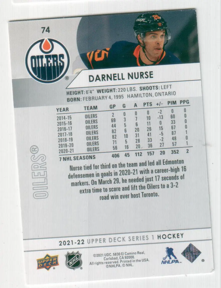 2021-22 Upper Deck #74 Darnell Nurse 1