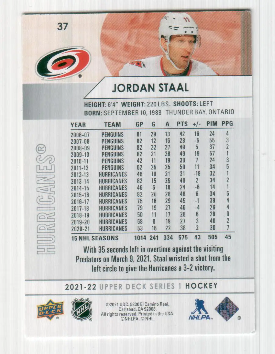 2021-22 Upper Deck #37 Jordan Staal 1