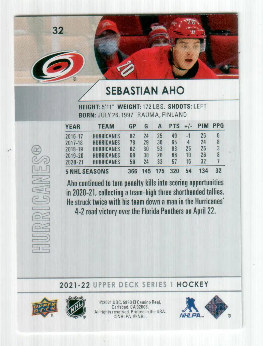 2021-22 Upper Deck #32 Sebastian Aho 1