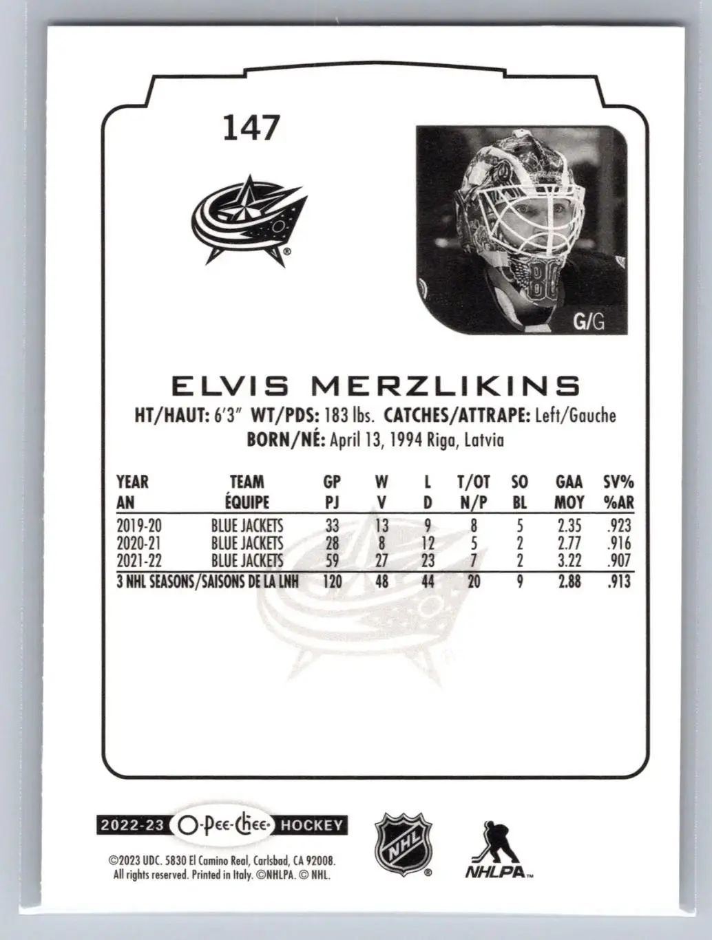 2022-23 O-Pee-Chee #147 Elvis Merzlikins 1