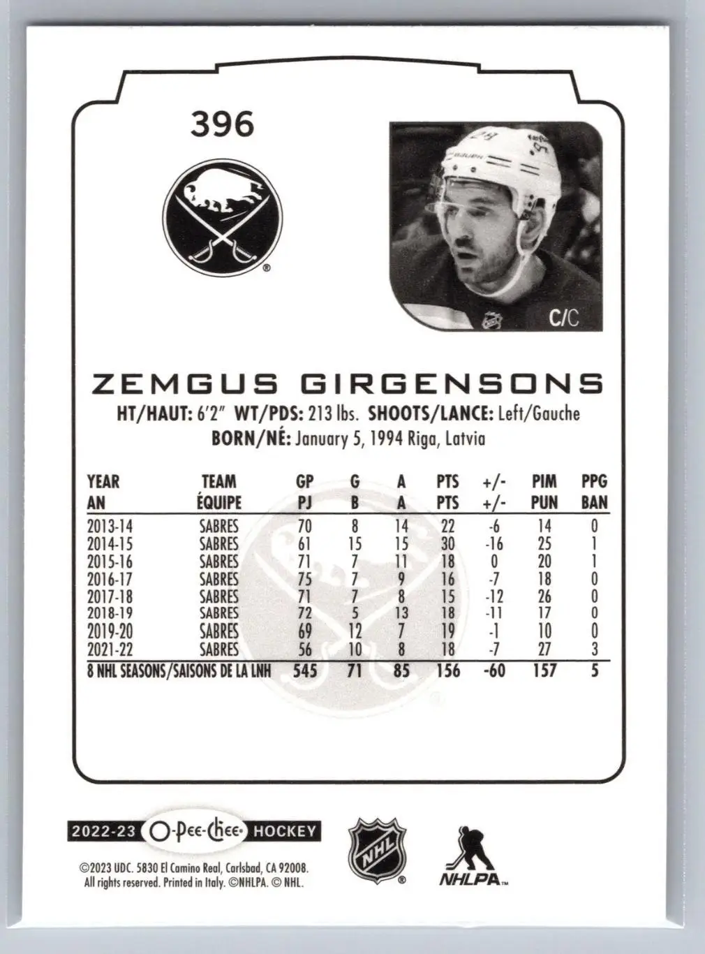 2022-23 O-Pee-Chee - [Base] #396 Zemgus Girgensons 1
