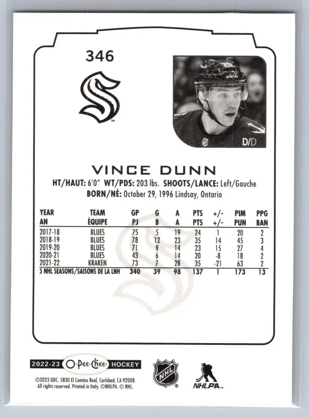 2022-23 O-Pee-Chee - [Base] #346 Vince Dunn 1